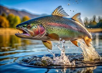 Fototapeta premium A majestic trout bursts out of the serene lake's surface, its iridescent scales glinting in sunlight, water droplets suspended in mid-air, showcasing aquatic power.