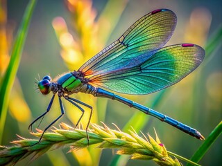 Vibrant iridescent dragonfly with delicate lacy wings and emerald green body perches on a thin blade of grass in a serene natural environment.