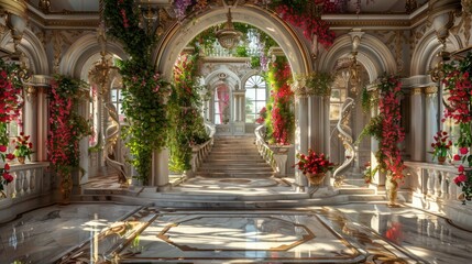 Fototapeta premium Marble white stairs with flower garlands, fantasy palace or heaven stone stair with floral decorations, fairytale princess castle interior, AI generated image