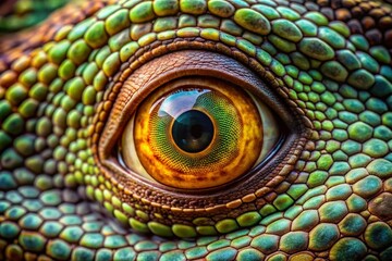 Obraz premium Vibrant scaly textures surround a piercing reptile eye, its vertical pupil contracting as the lid blinks, showcasing intricate details of nature's fascinating ancient creatures.