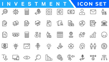 Investment line icon set, featuring bank, money, blockchain, investment strategies, technology, security. Ideal for web, app, finance related content