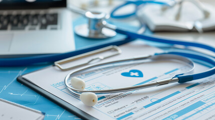 Health insurance form with medical symbols, application, coverage