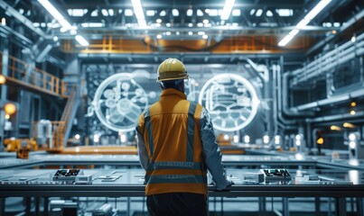 An engineer in a safety helmet stands in a high-tech control room, monitoring advanced industrial machinery and systems