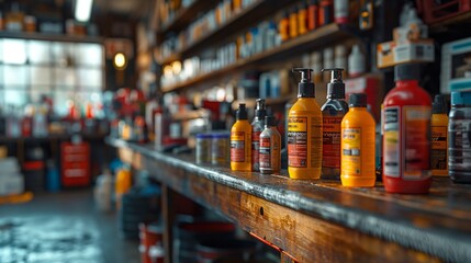 Obraz premium Organized Car Care Supplies in Garage. Well-organized garage shelf with various car care supplies, emphasizing cleanliness and proper maintenance.