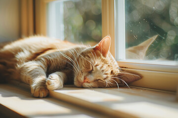 Lazy Cat Napping Peacefully in Sunny Window Sill  