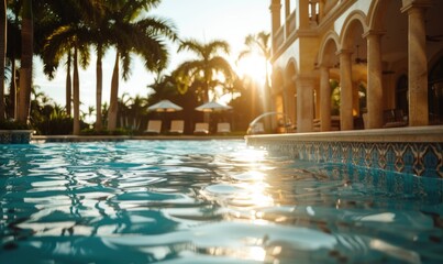 View from within a crystal-clear swimming pool looking at a grand mansion surrounded by lush palm trees under a blue sky