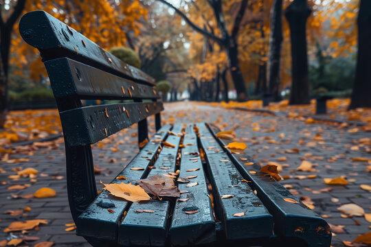 Empty Bench in Quiet Urban Park During Early Autumn  