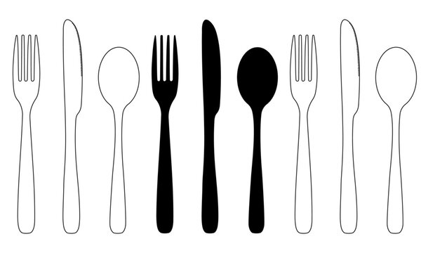 Knife Fork and Spoon set in black silhouette, transparent with black outline and white fill with black outline isolated on white or transparent