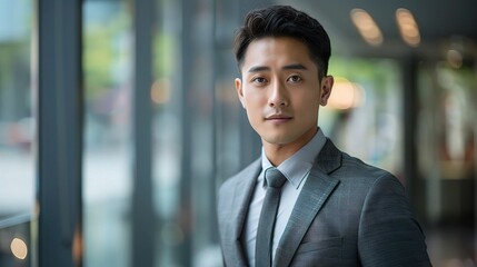 Confident Businessman: A young Asian businessman in a sharp suit, with a calm and confident expression, stands before a large glass window, radiating professionalism and success.  