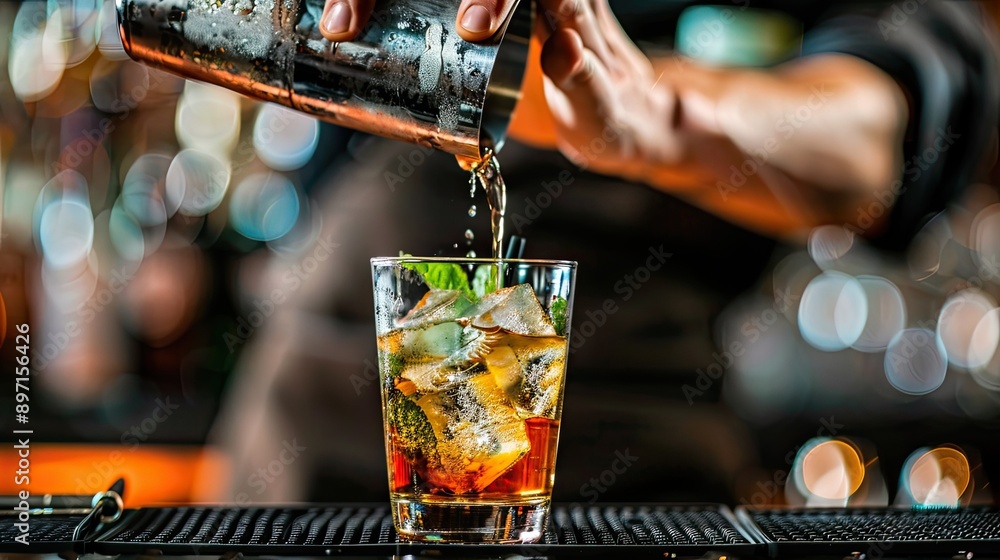 Poster a bartender pouring a layered cocktail with precision and artistry.