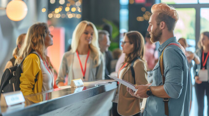 Business conference registration desk with attendees checking in, organization, event