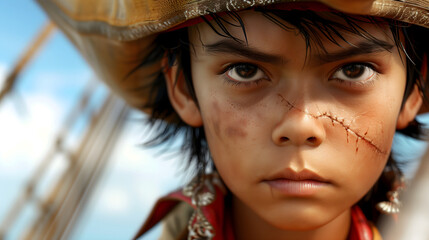 Pirate boy with intense gaze and scar on sailing ship