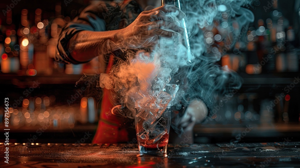 Poster A bartender shaking a cocktail in a shaker, creating a visual effect.