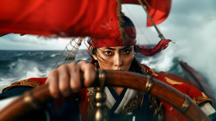 Intense asian woman pirate captain steering ship in rough sea