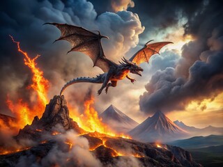 Fototapeta premium A dramatic and detailed image of a majestic dragon soaring above a fiery volcanic landscape with lava flows and ash plumes under a dark cloudy sky.