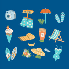 Beach party scrapbooking elements collection. Summer stickers, doodle icons pack. Set cute summer beach elements - surf, sunglasses, cocktails, camera and other sea vacation accessories.