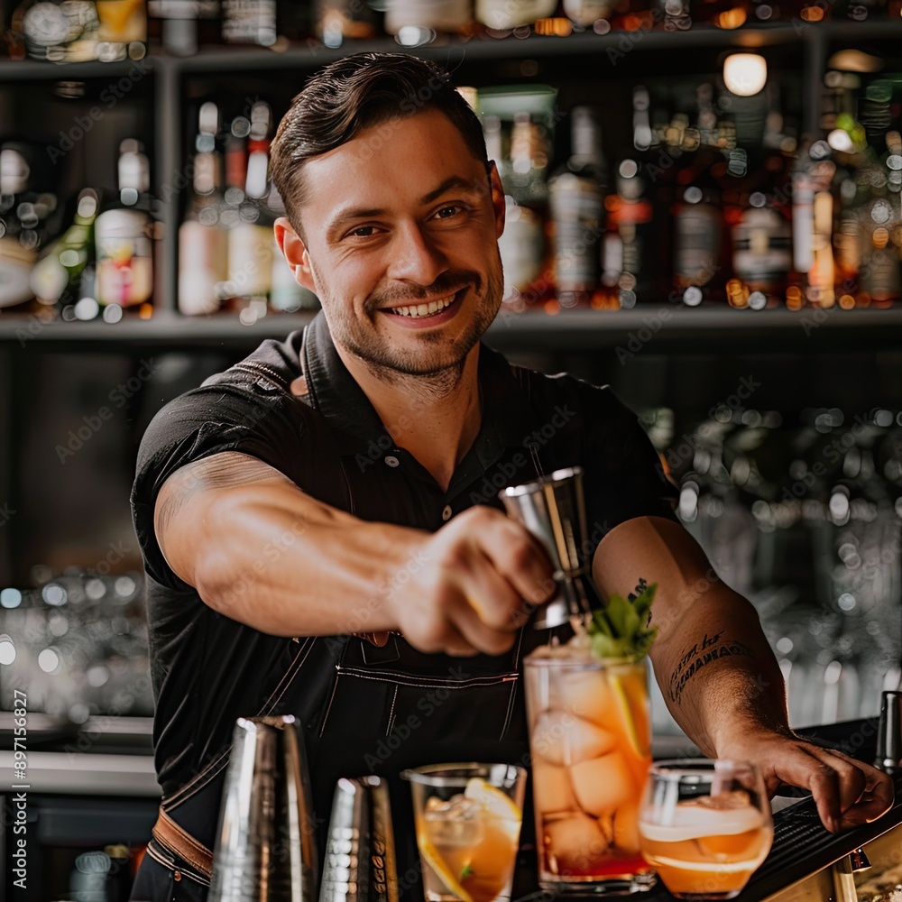 Poster a bartender shaking a cocktail with confidence, creating a smooth mix.