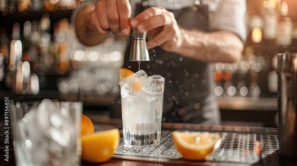 Aufkleber A bartender using a jigger to measure ingredients while mixing a drink. 