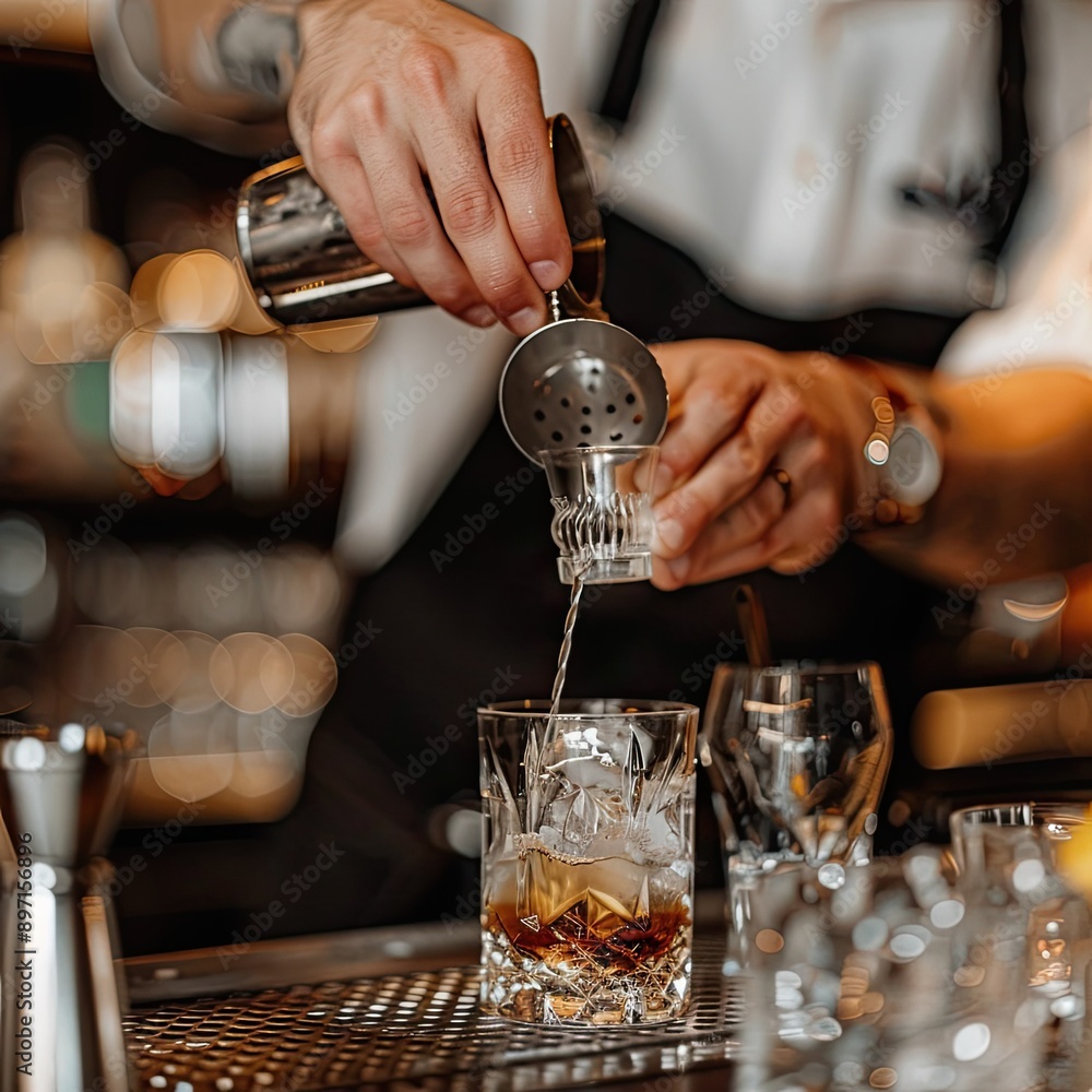 Poster A bartender using a jigger to measure ingredients while mixing a drink. 