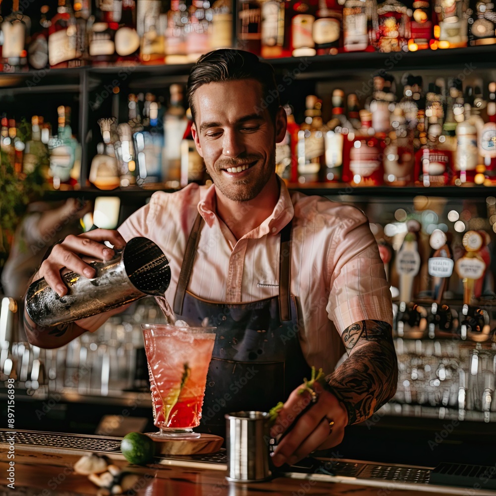 Poster a bartender shaking a cocktail with confidence, creating a smooth mix.