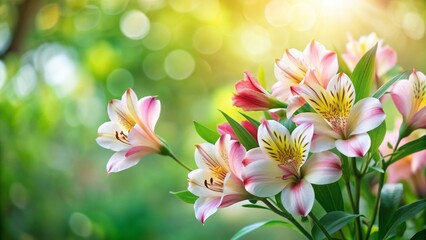 Serene garden scene features delicate Alstroemeria flowers in gentle focus, set against a soft, blurred, serene natural green background.