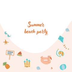 Summer beach party background - banner or frame. Vacation on sea flat design. Tropical fruits and accessories. Cute summer beach card.