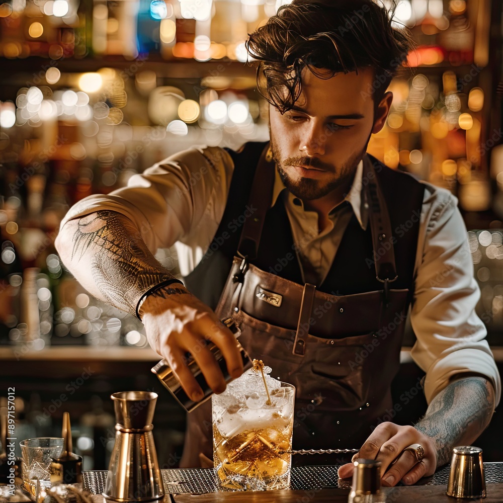 Poster a bartender with a focused expression as they mix a complex cocktail.