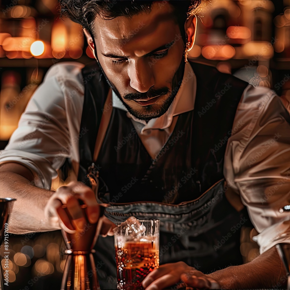 Poster a bartender with a focused expression as they mix a complex cocktail.