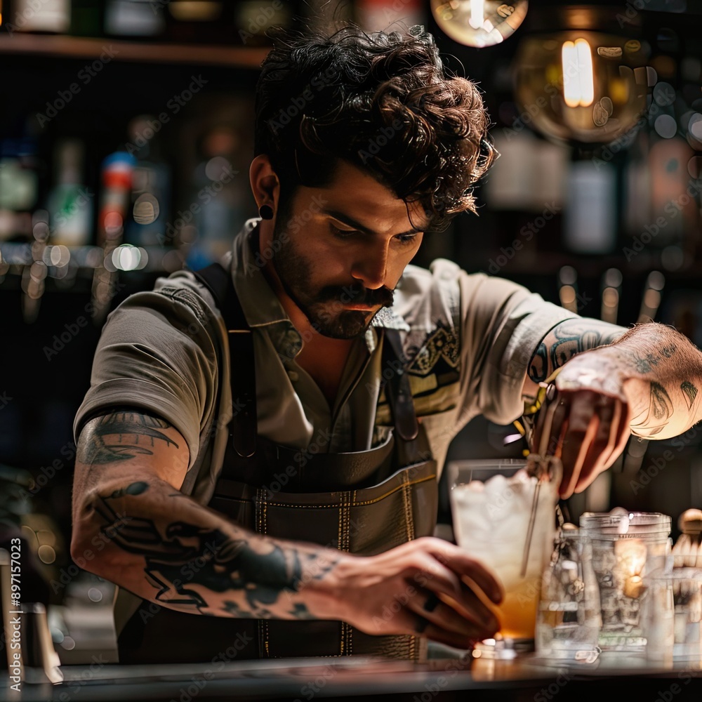 Poster a bartender with a focused expression as they mix a complex cocktail.