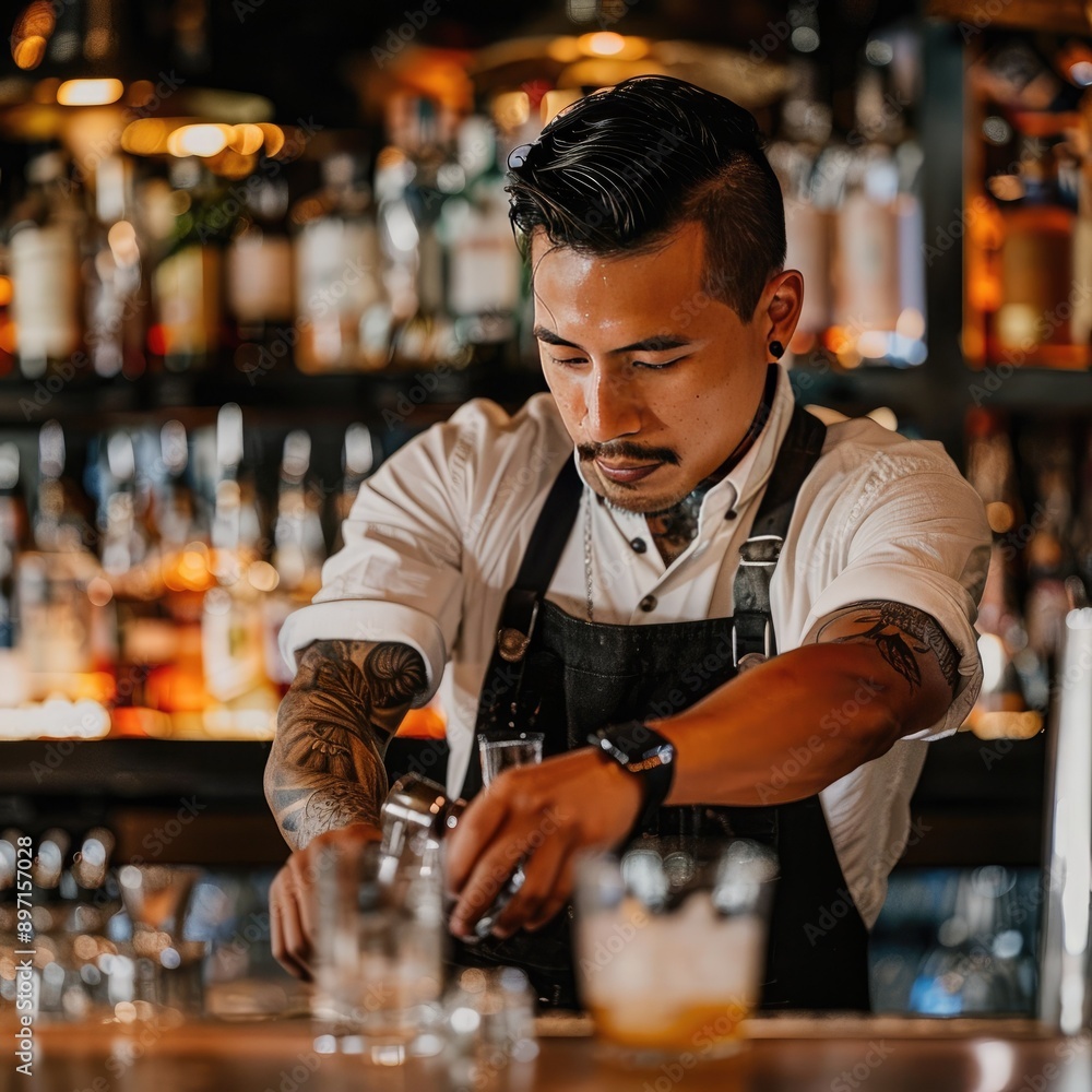Poster a bartender with a focused expression as they mix a complex cocktail.