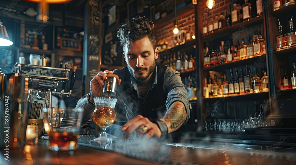 Poster a bartender with a focused expression as they mix a complex cocktail.