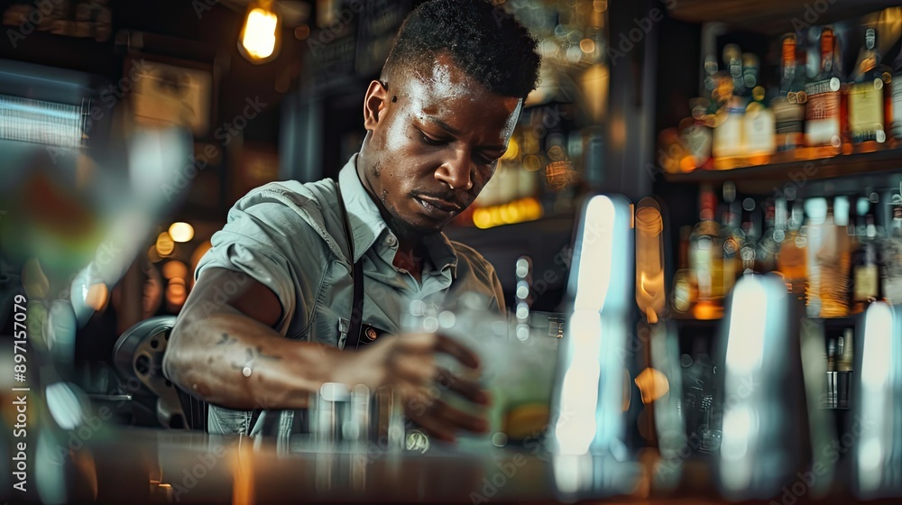 Poster a bartender with a focused expression as they mix a complex cocktail.