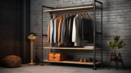 Industrial Style Clothing Rack with Brick Wall Background