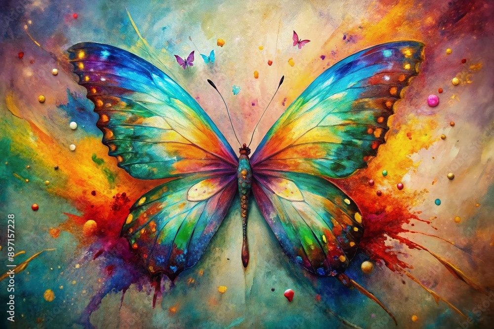 Poster vibrant abstract butterfly artwork featuring iridescent wings and dynamic splashes of color splatter