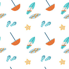 Naklejka premium Summer beach elements seamless pattern. Childrens fashion background. Tropical fruits and accessories. Cute summer beach endless background.
