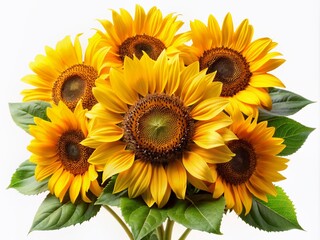 Fototapeta premium Vibrant yellow sunflower with delicate petals and lush green leaves beautifully arranged in a bouquet, isolated on a clean white background.