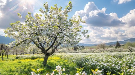 Naklejka premium Blooming tree in a sunny springtime orchard