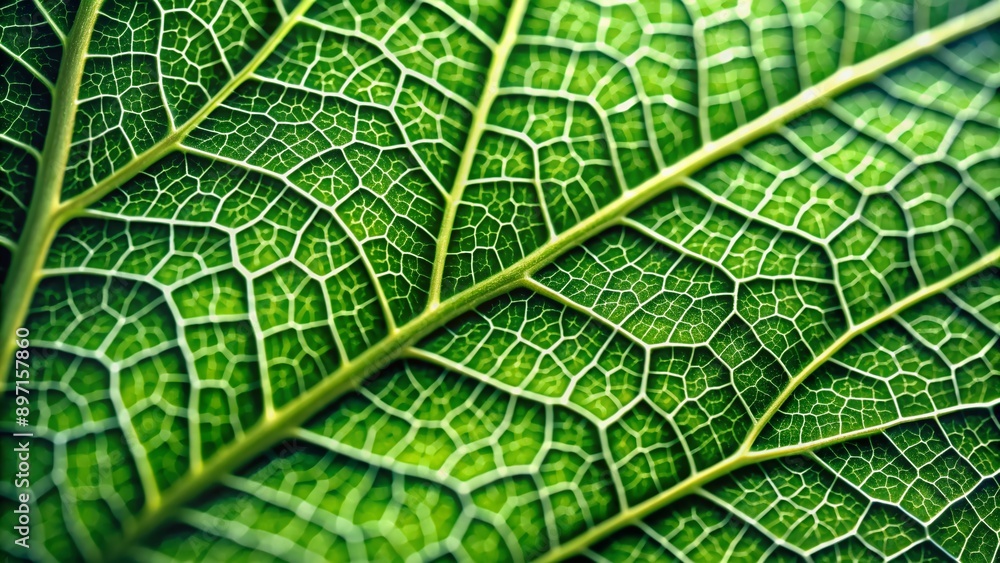 Poster intimate macro view of a lush green leaf's intricate texture, showcasing delicate veins and microsco