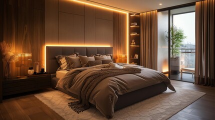 Cozy bedroom with soft lighting and plush furnishings, modern luxury home, comfort and relaxation