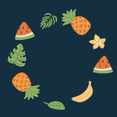 Summer beach party background - banner or frame. Vacation on sea flat design. Tropical fruits and accessories. Cute summer beach card.