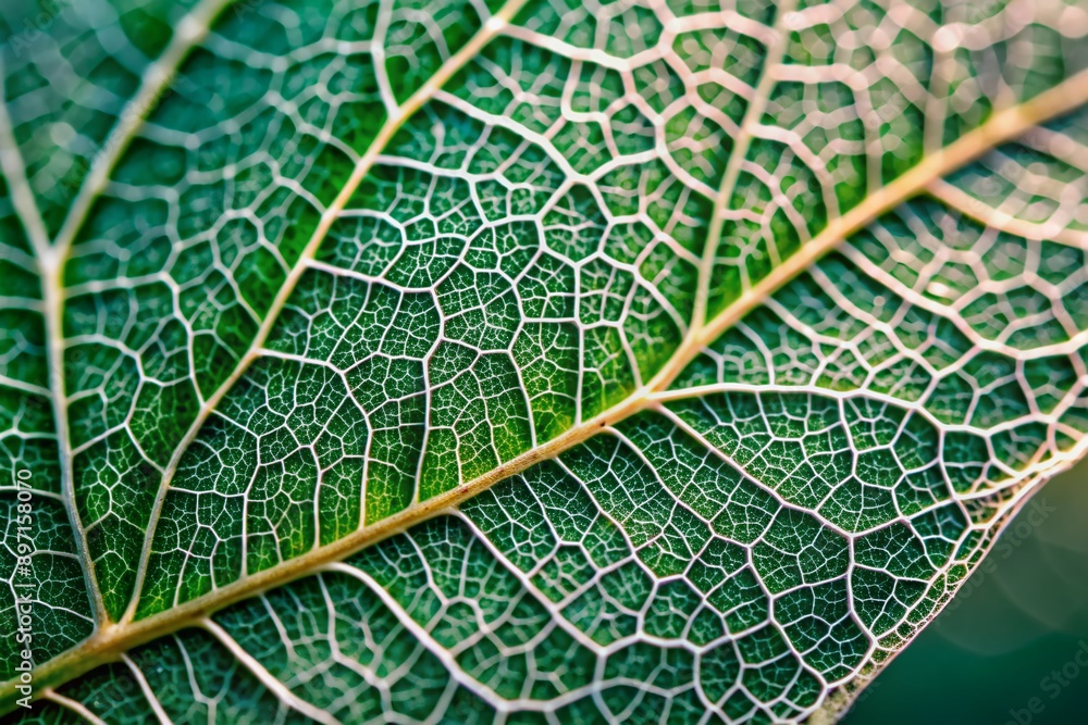 Poster intricately detailed macro shot of a dewy leaf skeleton's texture, showcasing delicate veins and cel
