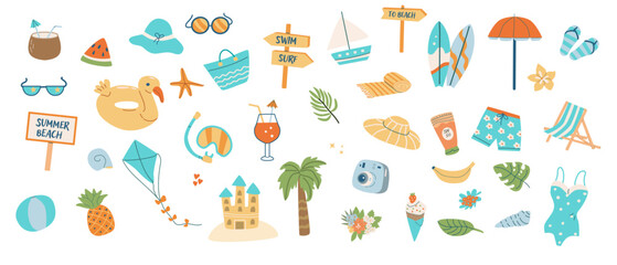 Obraz premium Beach party scrapbooking elements collection. Summer stickers, doodle icons pack. Set cute summer beach elements - surf, sunglasses, cocktails, camera and other sea vacation accessories.
