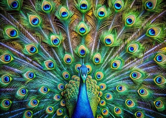 Obraz premium Vibrant peacock feathers spread wide, showcasing dazzling blue and green hues, intricate patterns, and delicate details on a clean, minimalist background with ample copy space.