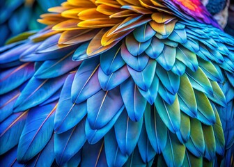 Obraz premium Vibrant blue and purple feathers of a macaw are showcased in extreme close-up, revealing intricate details and mesmerizing patterns of the bird's plumage.