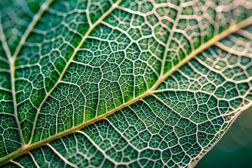 Intricately detailed macro shot of a dewy leaf skeleton's texture, showcasing delicate veins and cells, creating a mesmerizing natural pattern on a soft green background.