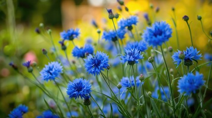 Blue cornflowers bloom in garden flowerbed