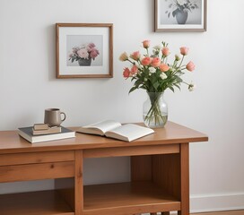 A wooden coffee table with a vase of flowers , a book , and a small framed photo on top of it, set against a plain white wall 