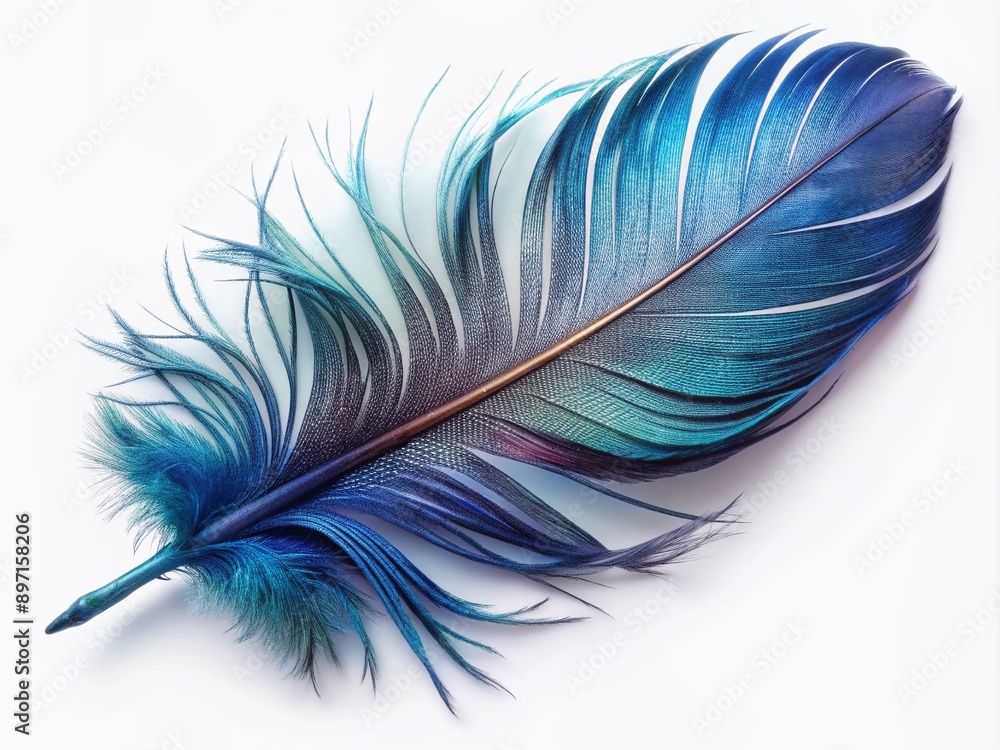 Poster close-up of a single dark blue iridescent feather with intricate details and soft gentle curves, iso
