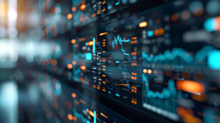 Naklejka premium Holographic financial analytics with floating icons and graphs, futuristic, high-tech