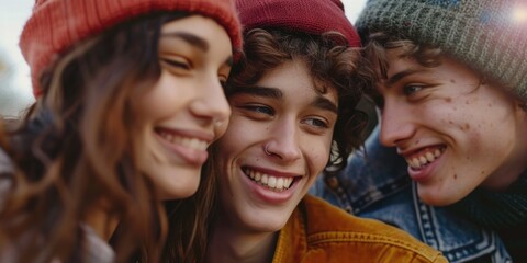 Group of friends or family members standing in a row, smiling and happy